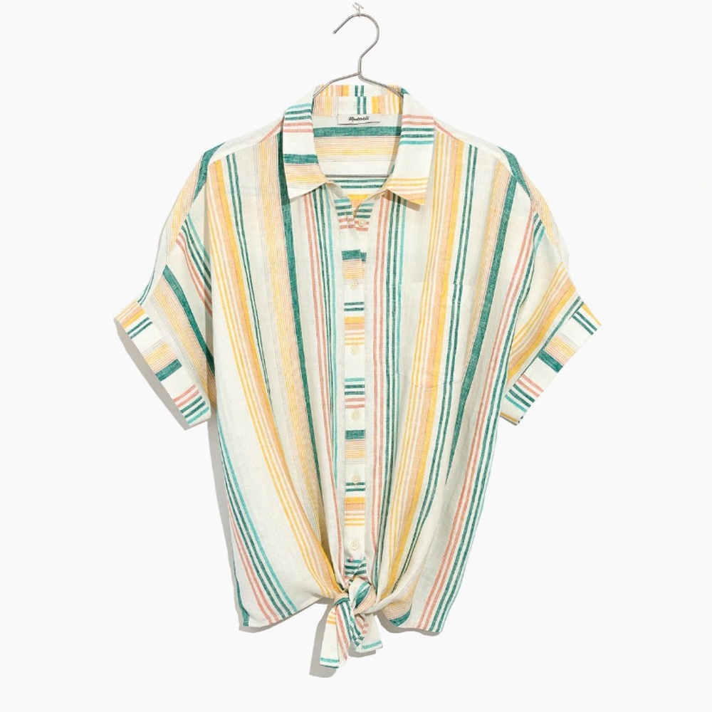 Linen Short-Sleeve Tie Front in Pineapple Stripe